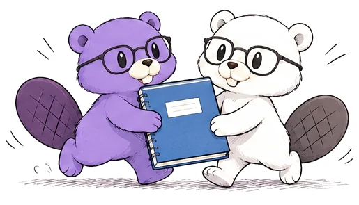 Two Scouts, one purple and one white, carrying a blue notebook together.